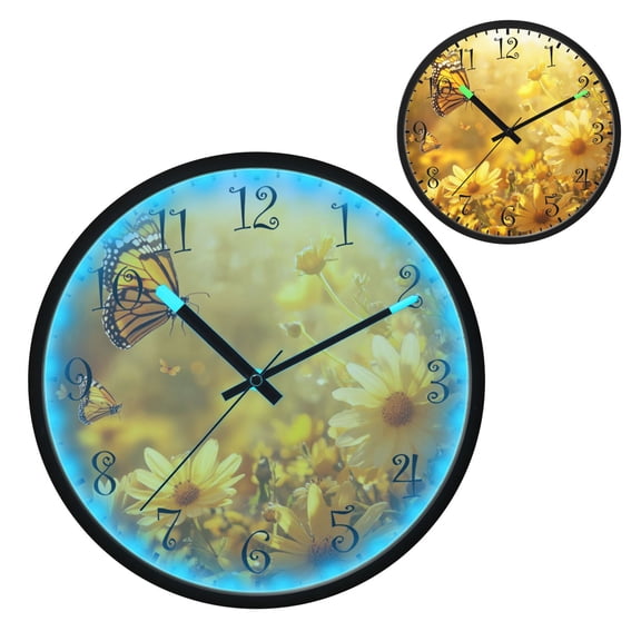 Voice Activated Clock with Glow Light 12 Inch Large Silent Wall Clock Battery Operated for Home Decor Yellow Flowers and Butterfly