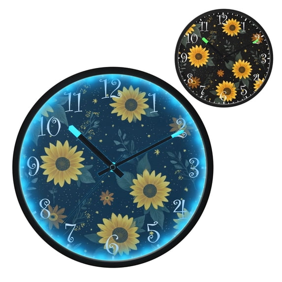 Voice Activated Clock with Glow Light 12 Inch Large Silent Wall Clock Battery Operated for Home Decor Yellow Sunflower Pattern