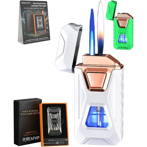 Voice Activated Gravity Sensing Controlled Dual Flame Lighter USB Rechargeable Windproof Refillable Visible Window Smart Plasma Arc Soft Jet Blaze Flame Torch Butane Lighters (Nocturnal)