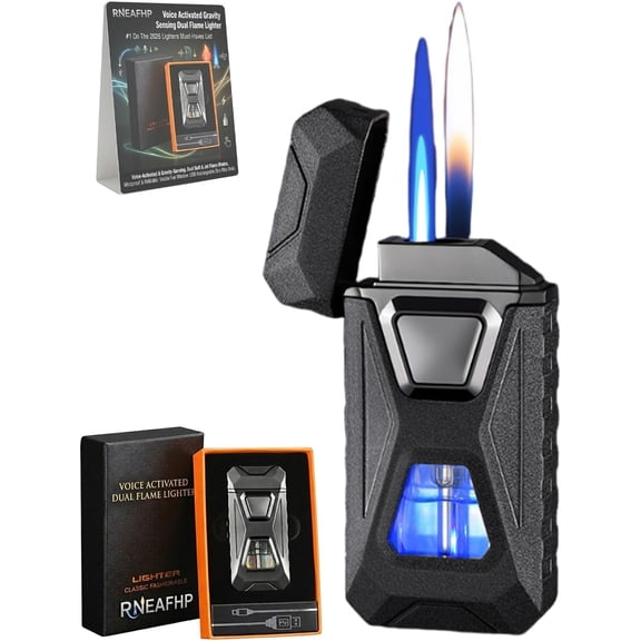 Voice Activated Gravity Sensing Controlled Dual Flame Lighter USB Rechargeable Windproof Refillable Visible Window Smart Plasma Arc Soft Jet Blaze Flame Torch Butane Lighters (Black)