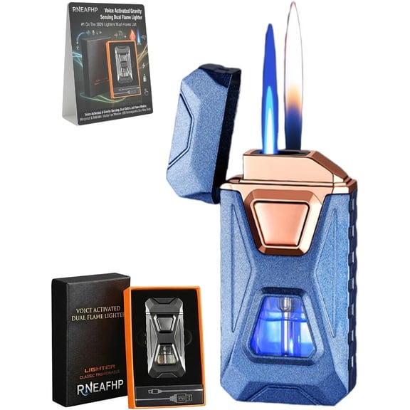 Voice Activated Gravity Sensing Controlled Dual Flame Lighter USB Rechargeable Windproof Refillable Visible Window Smart Plasma Arc Soft Jet Blaze Flame Torch Butane Lighters (Blue)