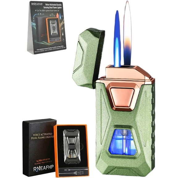 Voice Activated Gravity Sensing Controlled Dual Flame Lighter USB Rechargeable Windproof Refillable Visible Window Smart Plasma Arc Soft Jet Blaze Flame Torch Butane Lighters (Green)
