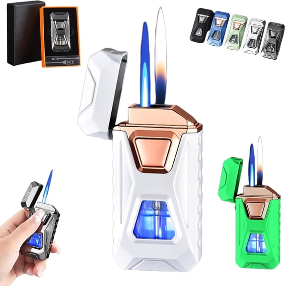 Voice Activated Lighter, Smart Windproof Dual Flame Cigar Torch, 3-in-1 Cool Rechargeable Metal Gas Ignition Tool for Men (Butane Not Included), High-End Crisp Sound Unique Birthday Gifts Dad