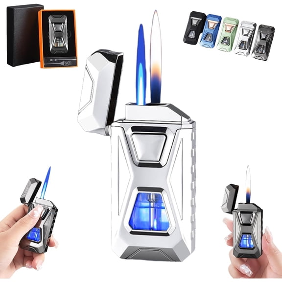 Voice Activated Lighter, Smart Windproof Dual Flame Cigar Torch, 3-in-1 Cool Rechargeable Metal Gas Ignition Tool for Men (Butane Not Included), High-End Crisp Sound Unique Birthday Gifts Dad