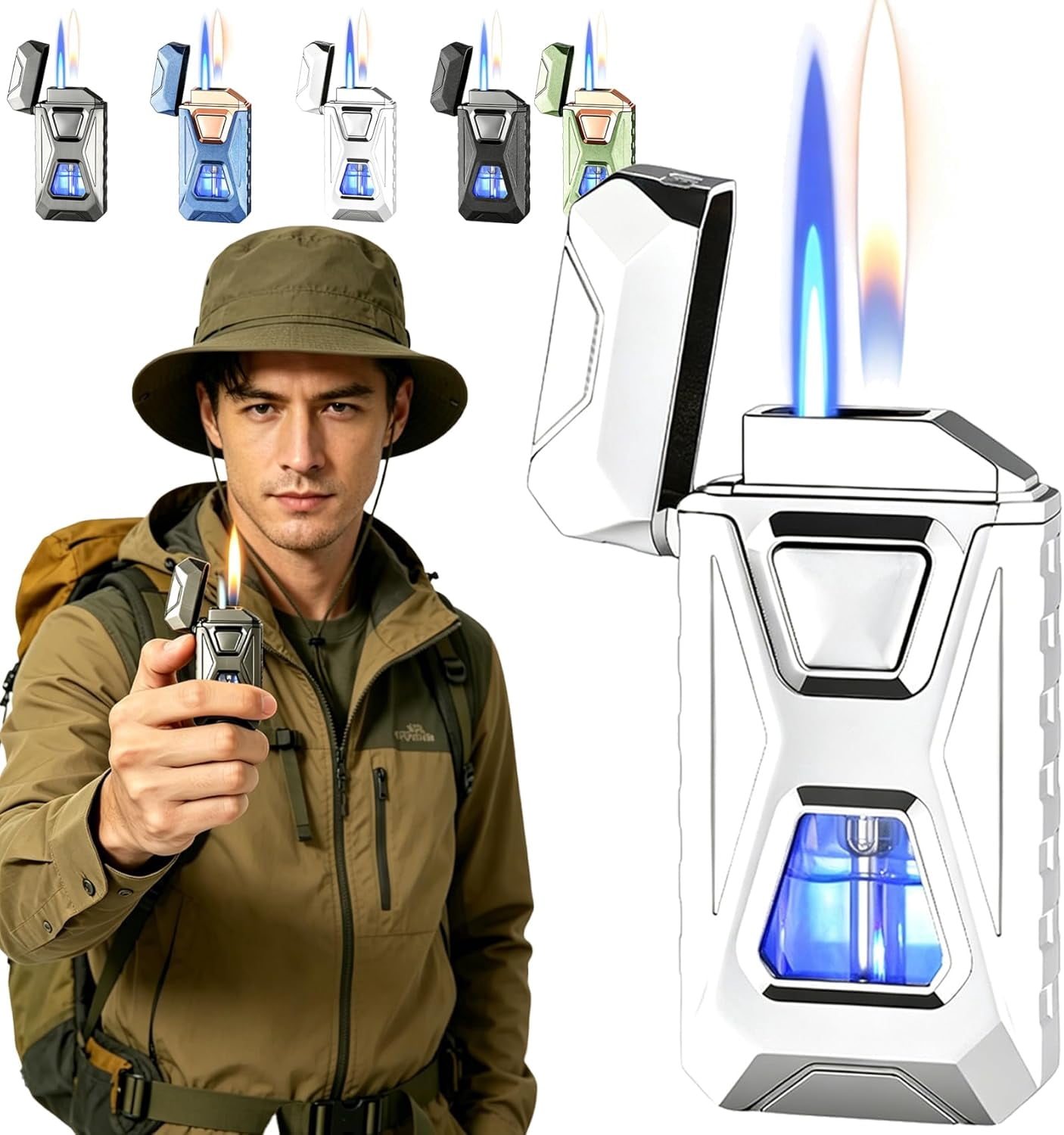 Voice Activated Lighter, Voice Activated Dual Flame Lighter (Butane Not Included) | USB Rechargeable Windproof Refillable with Visible Window (Sliver)