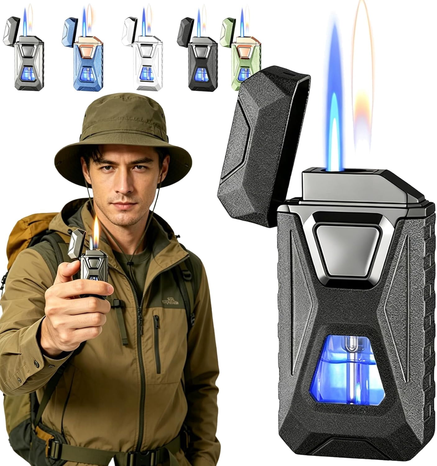 Voice Activated Lighter, Voice Activated Dual Flame Lighter (Butane Not Included) | USB Rechargeable Windproof Refillable with Visible Window (Black)
