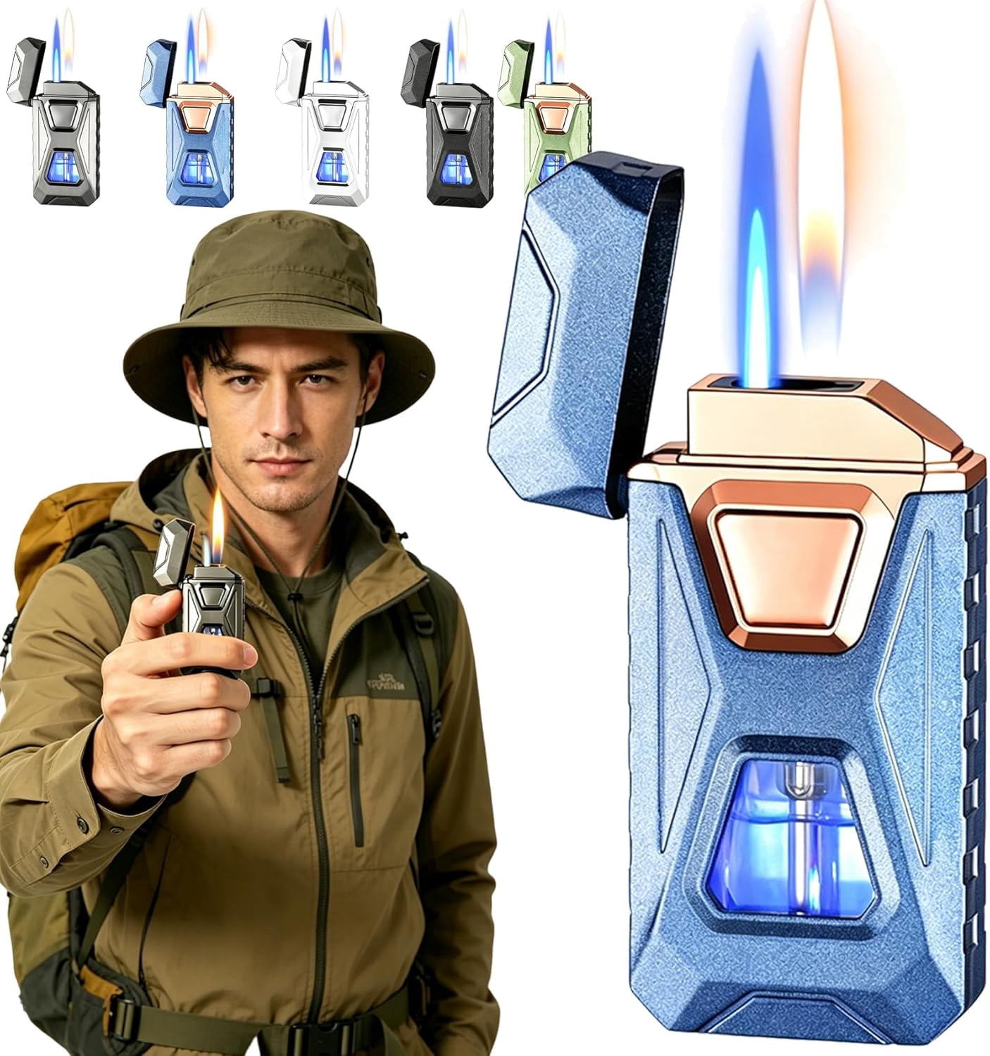 Voice Activated Lighter, Voice Activated Dual Flame Lighter (Butane Not Included) | USB Rechargeable Windproof Refillable with Visible Window (Blue)