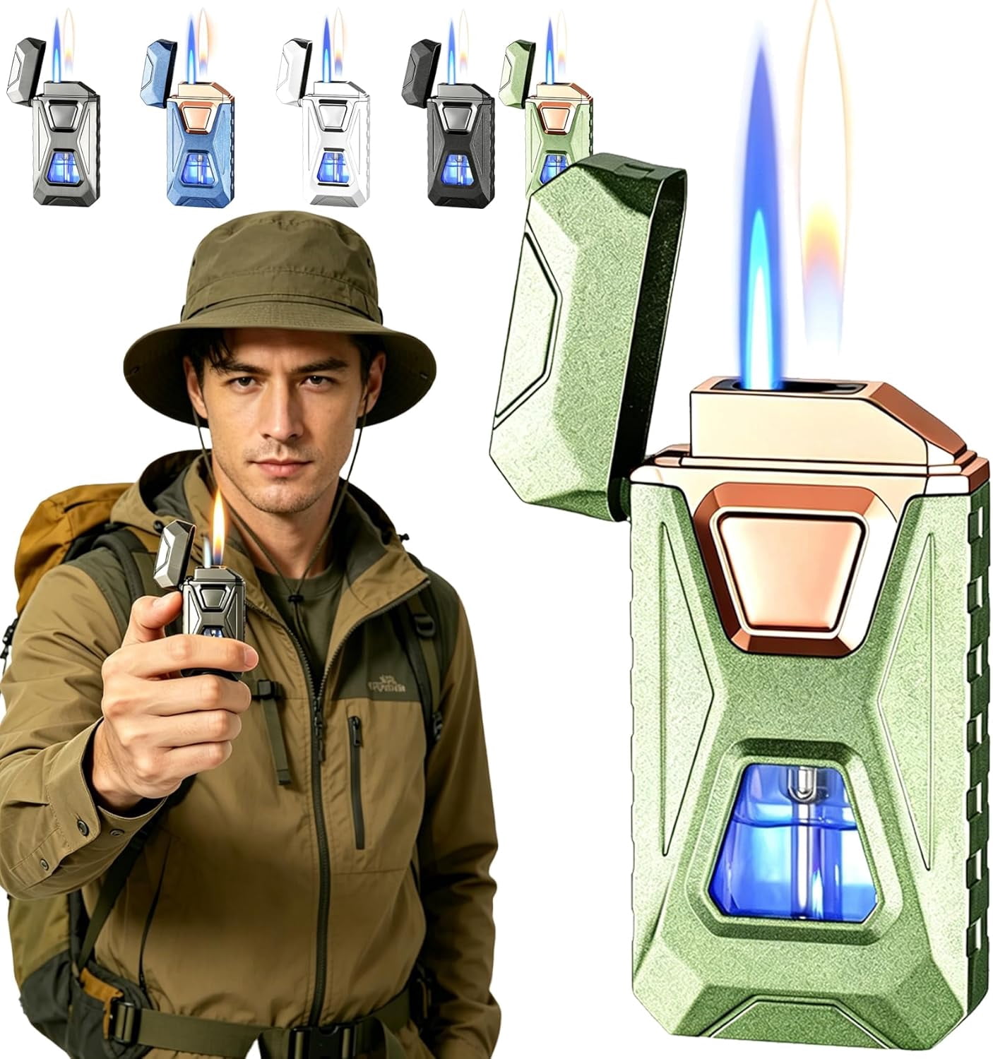 Voice Activated Lighter, Voice Activated Dual Flame Lighter (Butane Not Included) | USB Rechargeable Windproof Refillable with Visible Window (Green)