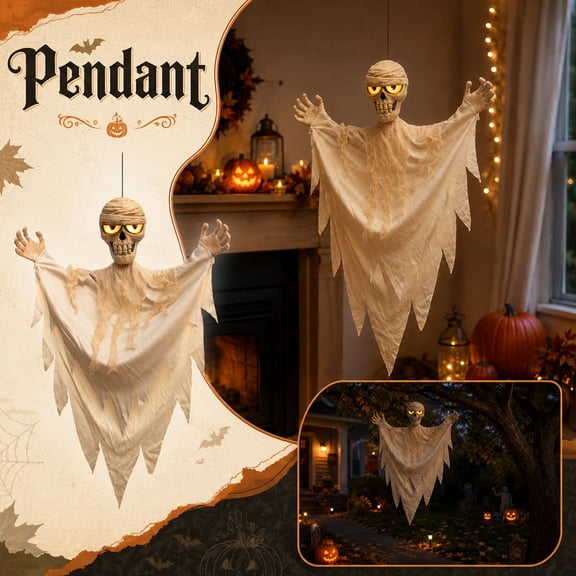 Voice Activated Mummy Decor, Light Up Hanging Ghost Prop, Sound Sensor Spooky Figure for Indoor Outdoor Haunted House Halloween Party Scene Setup