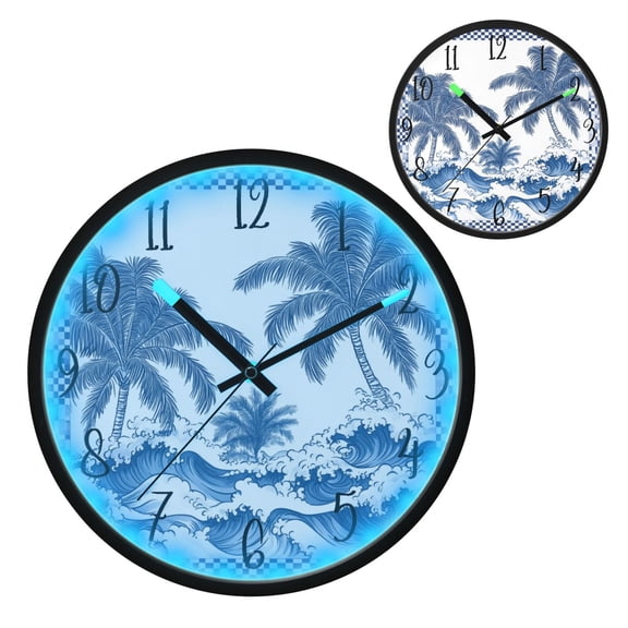 Voice Controlled Luminous Clock LED Night Light 12 Inch Silent Wall Clock Suitable for Bedroom and Living Room Home Decoration Beautiful Blue Coconut Tree