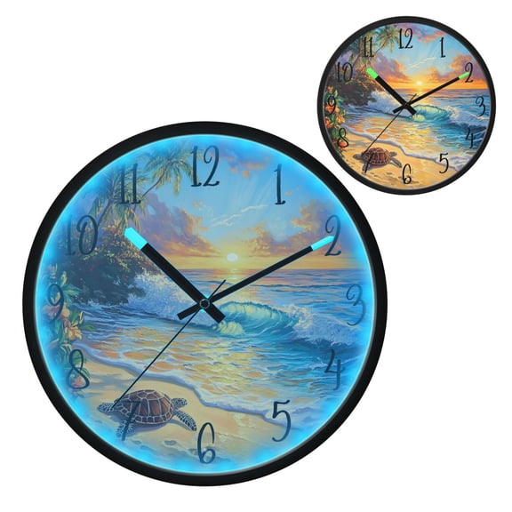 Voice Controlled Luminous Clock LED Night Light 12 Inch Silent Wall Clock Suitable for Bedroom and Living Room Home Decoration Beautiful Sunset Turtle