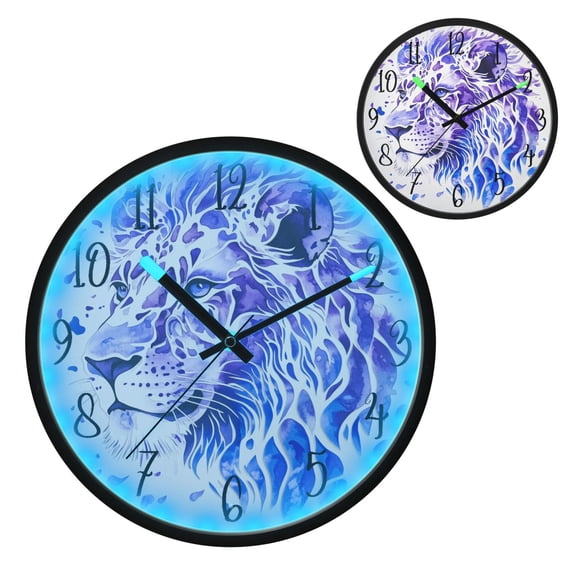 Voice Controlled Luminous Clock LED Night Light 12 Inch Silent Wall Clock Suitable for Bedroom and Living Room Home Decoration Blue Beautiful Lion