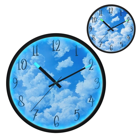 Voice Controlled Luminous Clock LED Night Light 12 Inch Silent Wall Clock Suitable for Bedroom and Living Room Home Decoration Blue Sky and Clouds