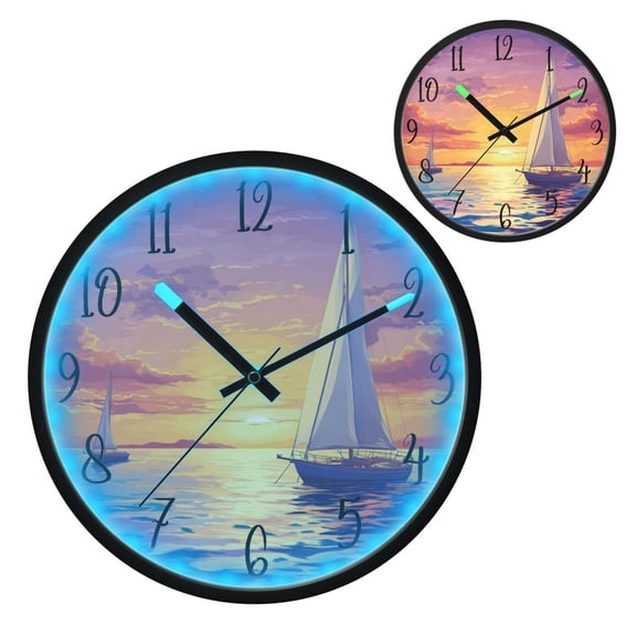 Voice Controlled Luminous Clock LED Night Light 12 Inch Silent Wall Clock Suitable for Bedroom and Living Room Home Decoration A Boat in The Sunset