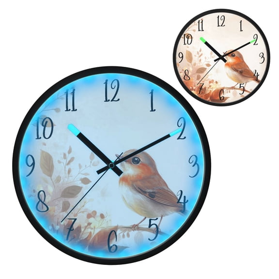 Voice Controlled Luminous Clock LED Night Light 12 Inch Silent Wall Clock Suitable for Bedroom and Living Room Home Decoration Cartoon Orange Bird