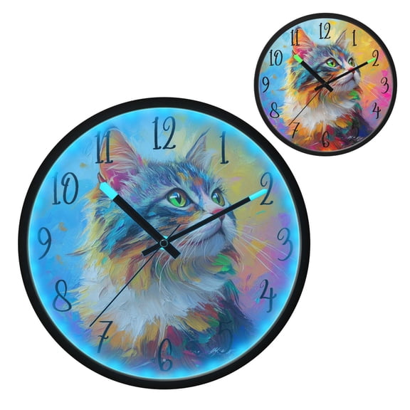 Voice Controlled Luminous Clock LED Night Light 12 Inch Silent Wall Clock Suitable for Bedroom and Living Room Home Decoration Colorful Cartoon Cat