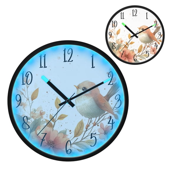 Voice Controlled Luminous Clock LED Night Light 12 Inch Silent Wall Clock Suitable for Bedroom and Living Room Home Decoration Cute Cartoon Orange Bird