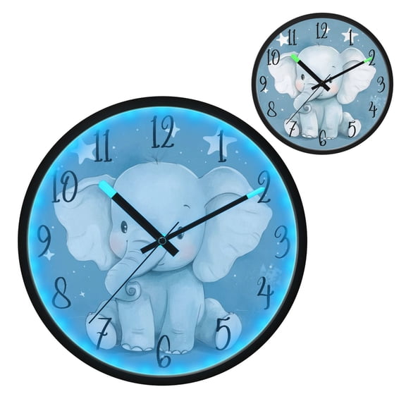 Voice Controlled Luminous Clock LED Night Light 12 Inch Silent Wall Clock Suitable for Bedroom and Living Room Home Decoration Cute Little Blue Elephant