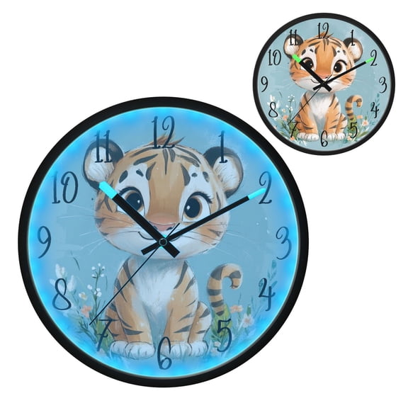 Voice Controlled Luminous Clock LED Night Light 12 Inch Silent Wall Clock Suitable for Bedroom and Living Room Home Decoration Cute Smiling Little Tiger