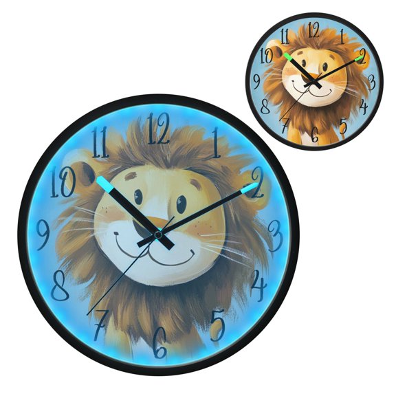 Voice Controlled Luminous Clock LED Night Light 12 Inch Silent Wall Clock Suitable for Bedroom and Living Room Home Decoration Cute Smiling Yellow Lion
