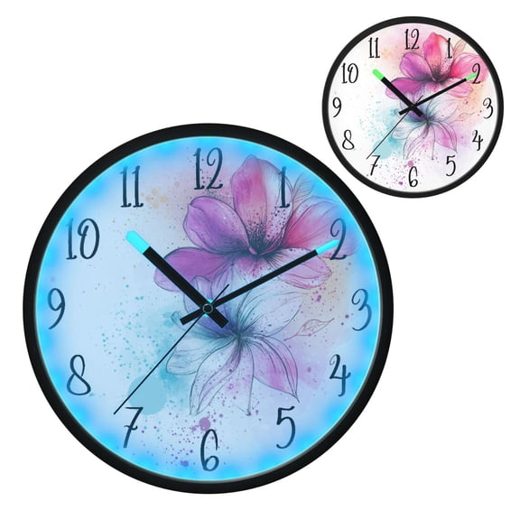 Voice Controlled Luminous Clock LED Night Light 12 Inch Silent Wall Clock Suitable for Bedroom and Living Room Home Decoration Dreamy Cartoon Flowers