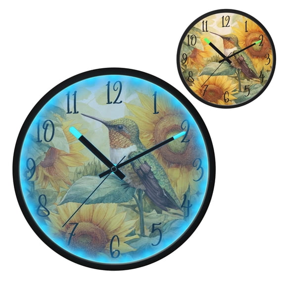 Voice Controlled Luminous Clock LED Night Light 12 Inch Silent Wall Clock Suitable for Bedroom and Living Room Home Decoration Hummingbird Sunflower