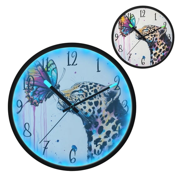 Voice Controlled Luminous Clock LED Night Light 12 Inch Silent Wall Clock Suitable for Bedroom and Living Room Home Decoration Leopard Kiss Colorful Butterflies