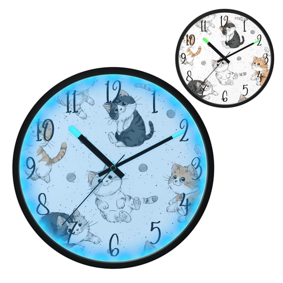 Voice Controlled Luminous Clock LED Night Light 12 Inch Silent Wall Clock Suitable for Bedroom and Living Room Home Decoration Orange Kitten Seamless