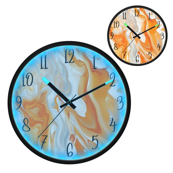 Voice Controlled Luminous Clock LED Night Light 12 Inch Silent Wall Clock Suitable for Bedroom and Living Room Home Decoration Orange Marble Pattern