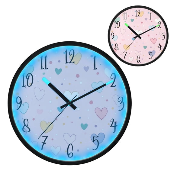 Voice Controlled Luminous Clock LED Night Light 12 Inch Silent Wall Clock Suitable for Bedroom and Living Room Home Decoration Pink Background Love Heart