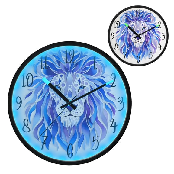 Voice Controlled Luminous Clock LED Night Light 12 Inch Silent Wall Clock Suitable for Bedroom and Living Room Home Decoration Pretty Blue Cool Lion