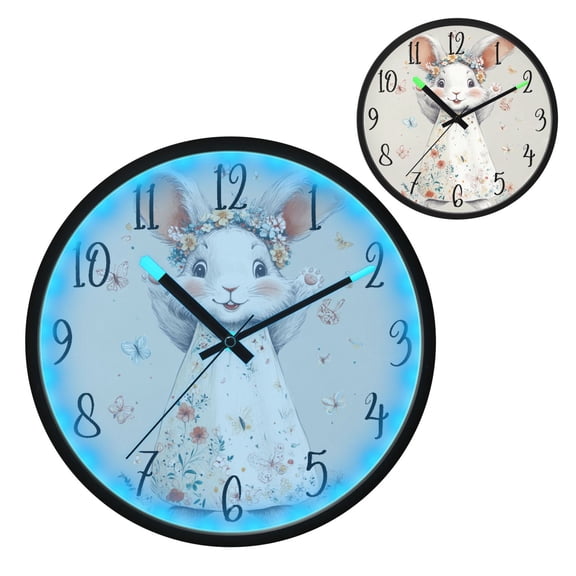 Voice Controlled Luminous Clock LED Night Light 12 Inch Silent Wall Clock Suitable for Bedroom and Living Room Home Decoration Smiling White Rabbit