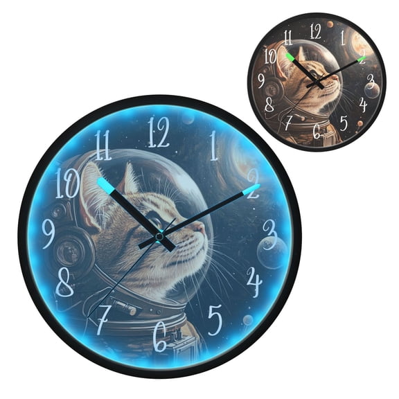 Voice Controlled Luminous Clock LED Night Light 12 Inch Silent Wall Clock Suitable for Bedroom and Living Room Home Decoration Astronaut Cat Cartoon