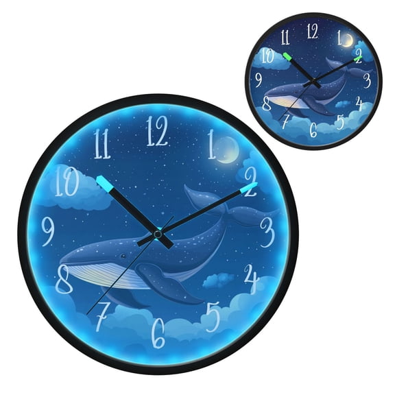 Voice Controlled Luminous Clock LED Night Light 12 Inch Silent Wall Clock Suitable for Bedroom and Living Room Home Decoration Beautiful Cartoon Whale