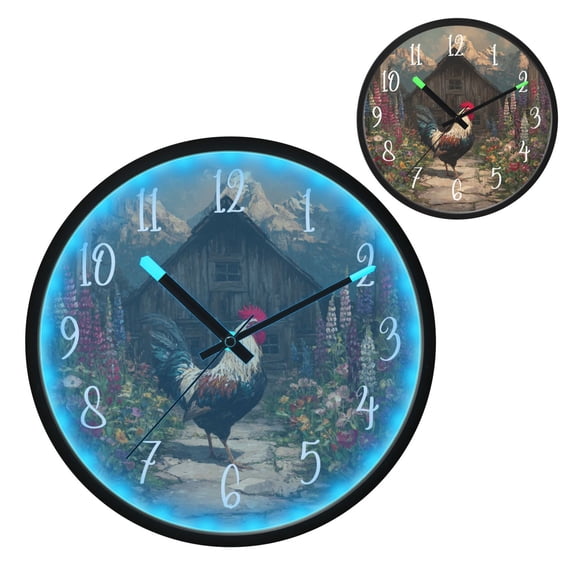 Voice Controlled Luminous Clock LED Night Light 12 Inch Silent Wall Clock Suitable for Bedroom and Living Room Home Decoration Big Rooster Beautiful