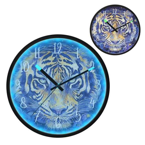 Voice Controlled Luminous Clock LED Night Light 12 Inch Silent Wall Clock Suitable for Bedroom and Living Room Home Decoration Blue Watercolor Tiger Pattern