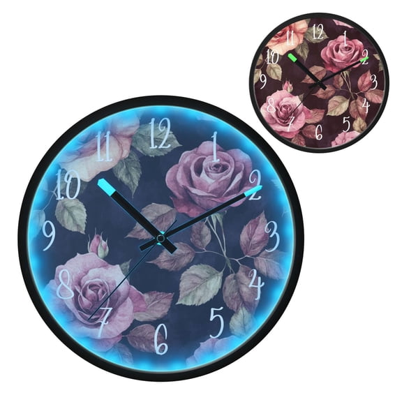 Voice Controlled Luminous Clock LED Night Light 12 Inch Silent Wall Clock Suitable for Bedroom and Living Room Home Decoration Maroon Roses Seamless