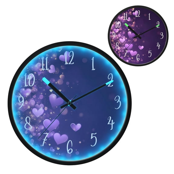 Voice Controlled Luminous Clock LED Night Light 12 Inch Silent Wall Clock Suitable for Bedroom and Living Room Home Decoration Purple Cute Heart Pattern