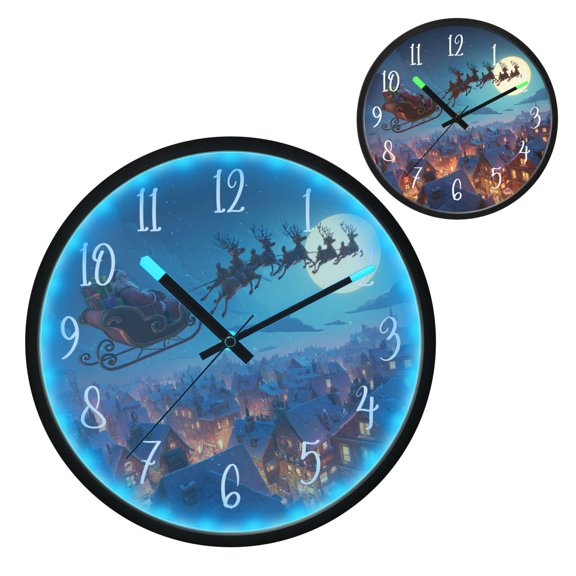 Voice Controlled Luminous Clock LED Night Light 12 Inch Silent Wall Clock Suitable for Bedroom and Living Room Home Decoration Santa Claus in The Sky