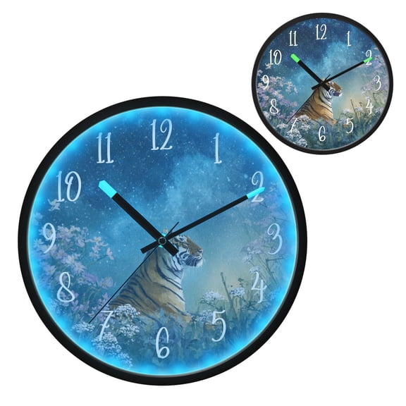 Voice Controlled Luminous Clock LED Night Light 12 Inch Silent Wall Clock Suitable for Bedroom and Living Room Home Decoration Watercolor Beautiful Tiger