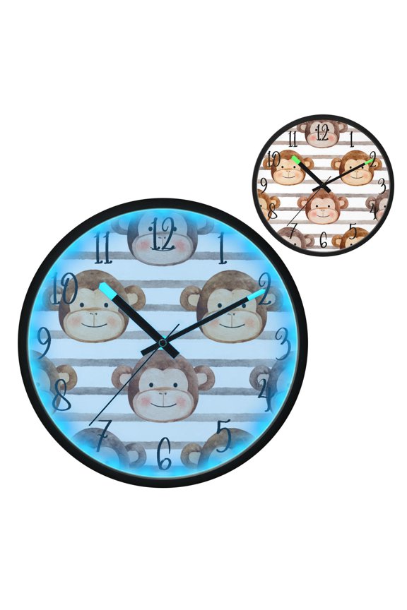 Voice Controlled Luminous Clock LED Night Light 12 Inch Silent Wall Clock Suitable for Bedroom and Living Room Home Decoration Cute Monkey Faces Backdrop
