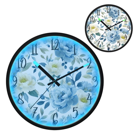Voice Controlled Luminous Clock LED Night Light 12 Inch Silent Wall Clock Suitable for Bedroom and Living Room Home Decoration Endless Blue White Floral