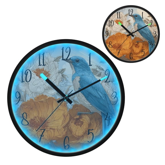 Voice Controlled Luminous Clock LED Night Light 12 Inch Silent Wall Clock Suitable for Bedroom and Living Room Home Decoration Flowers Blue Bird Pattern