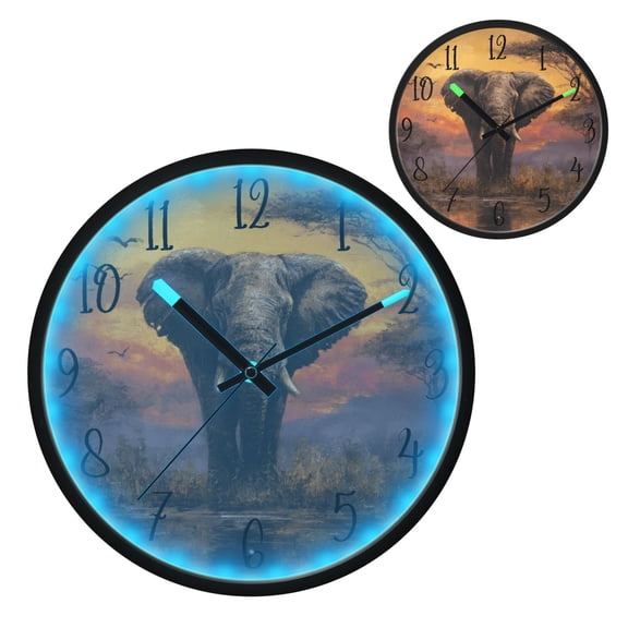 Voice Controlled Luminous Clock LED Night Light 12 Inch Silent Wall Clock Suitable for Bedroom and Living Room Home Decoration Majestic Elephant Standing