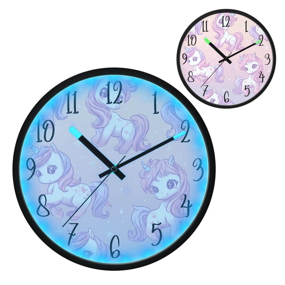 Voice Controlled Luminous Clock LED Night Light 12 Inch Silent Wall Clock Suitable for Bedroom and Living Room Home Decoration Pastel Unicorn Seamless