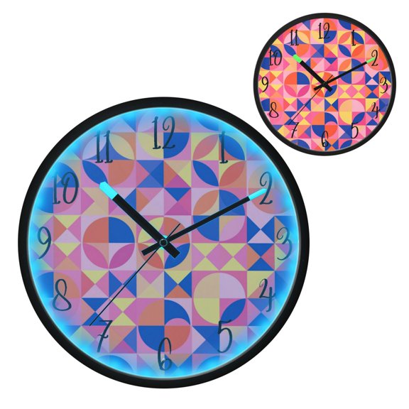 Voice Controlled Luminous Clock LED Night Light 12 Inch Silent Wall Clock Suitable for Bedroom and Living Room Home Decoration Rainbow Geometric Mosaic