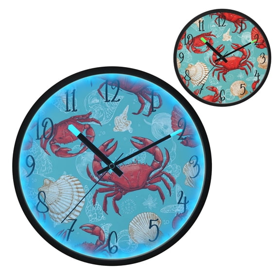 Voice Controlled Luminous Clock LED Night Light 12 Inch Silent Wall Clock Suitable for Bedroom and Living Room Home Decoration Red Crabs and White Shells