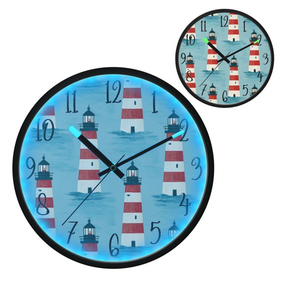 Voice Controlled Luminous Clock LED Night Light 12 Inch Silent Wall Clock Suitable for Bedroom and Living Room Home Decoration Red White Lighthouse Bay