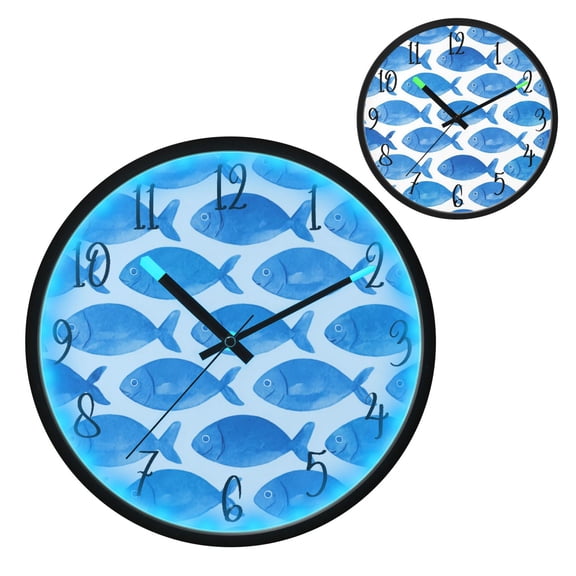 Voice Controlled Luminous Clock LED Night Light 12 Inch Silent Wall Clock Suitable for Bedroom and Living Room Home Decoration Seamless Blue Fish Pattern