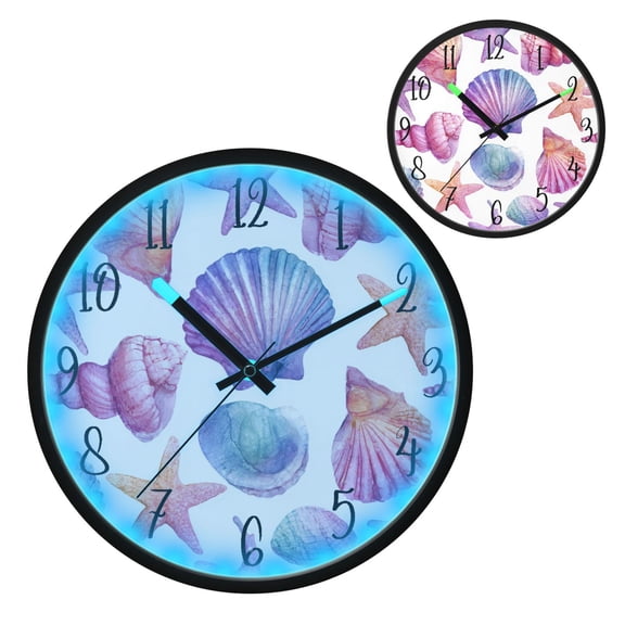 Voice Controlled Luminous Clock LED Night Light 12 Inch Silent Wall Clock Suitable for Bedroom and Living Room Home Decoration Shell and Starfish Diagram